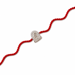 Stone-Studded Temple Charm 92.5 Silver Rakhi on Red Cord