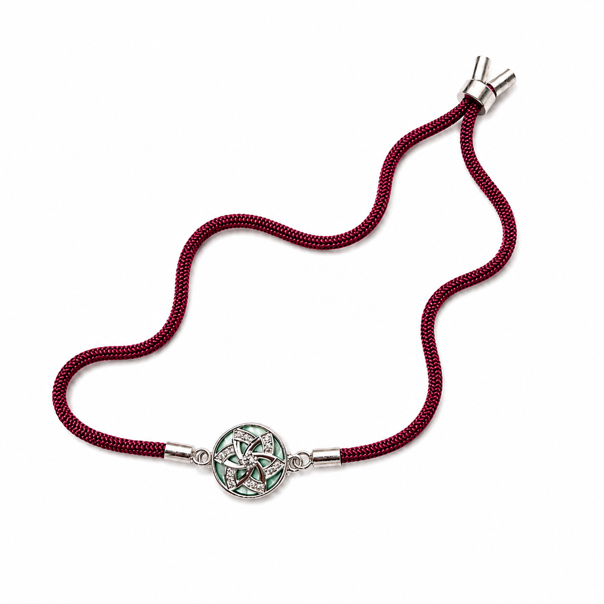 Green Pinwheel CZ Disc 92.5 Silver Rakhi on Maroon Cord