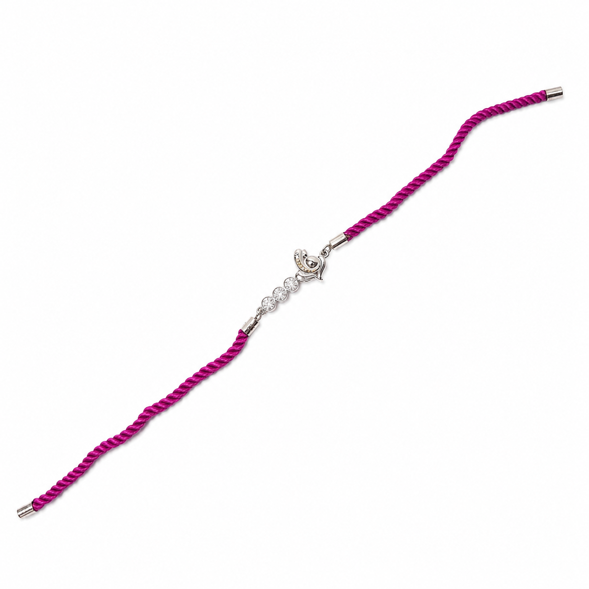 Peacock CZ Solitaire 92.5 Silver Rakhi on Magenta Cord