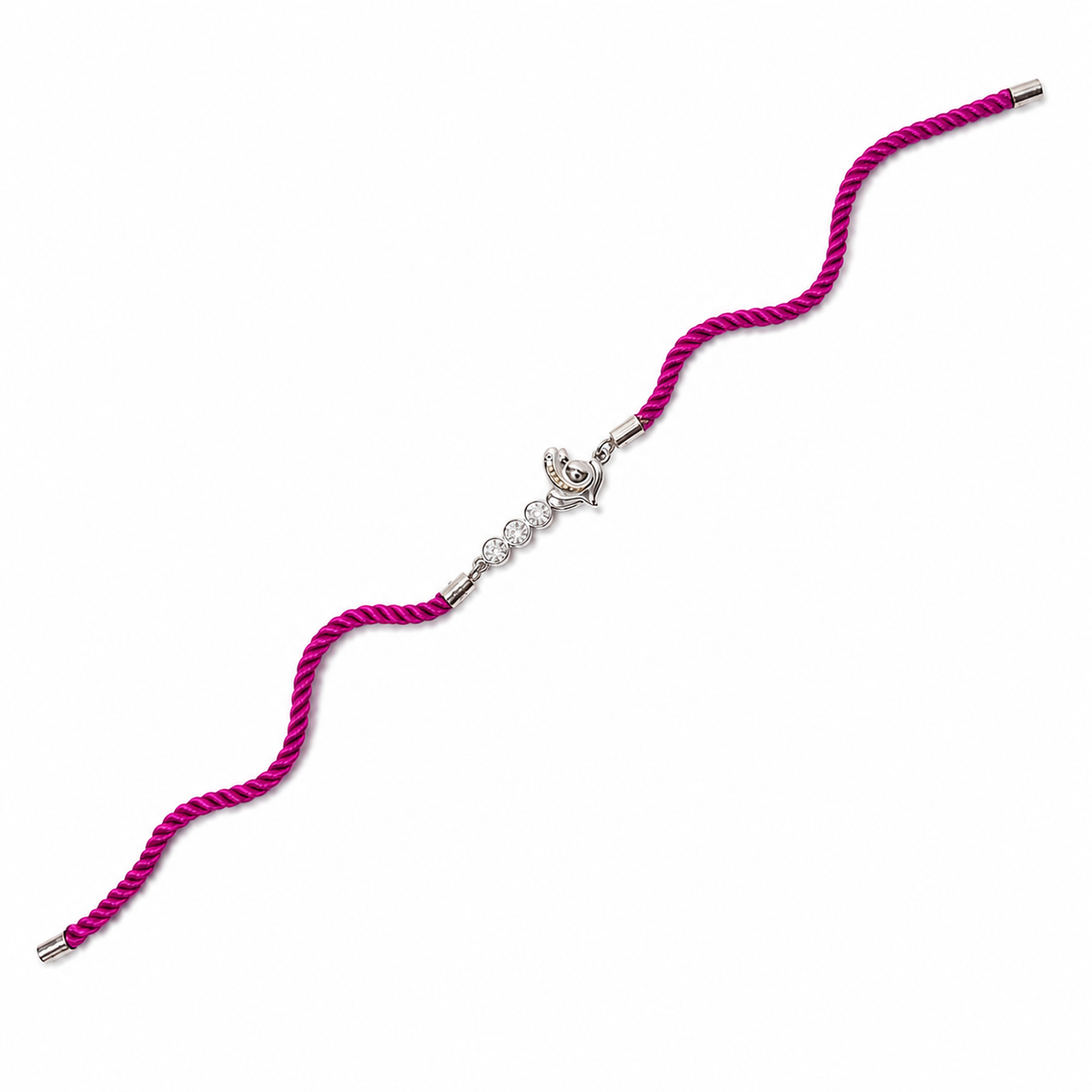 Peacock CZ Solitaire 92.5 Silver Rakhi on Magenta Cord