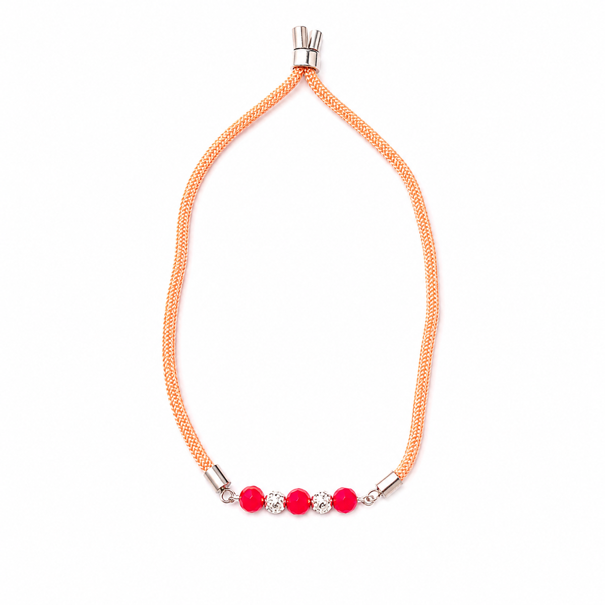 Red Crystal & Filigree 92.5 Silver Rakhi on Orange Cord