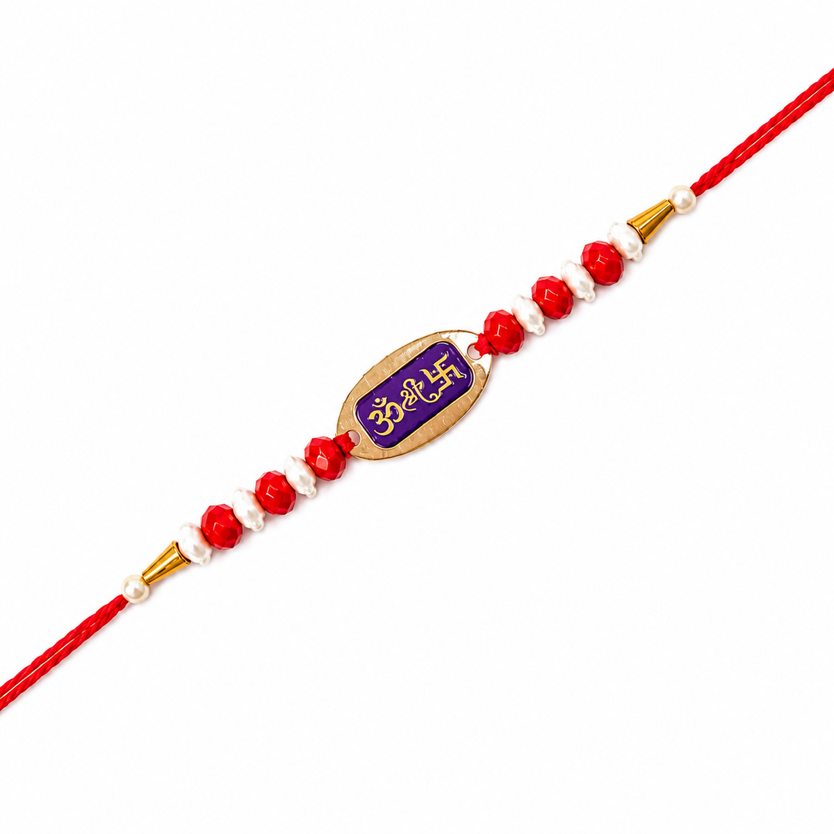 Om Enamel Oval 92.5 Silver Rakhi with Pearl & Red Beads