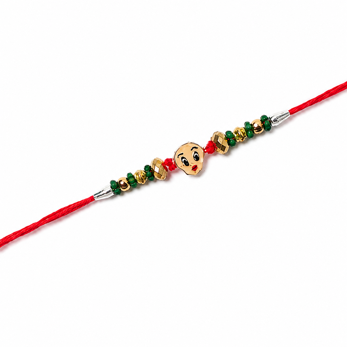 Smiley Charm Kids 92.5 Silver Rakhi with Green & Gold Beads