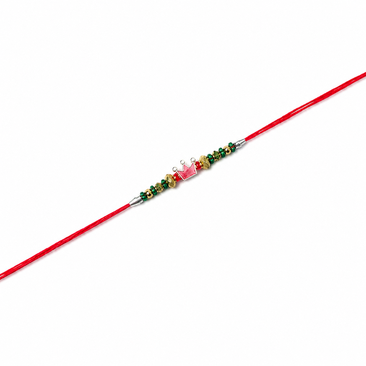 Pink Crown Kids 92.5 Silver Rakhi with Green & Gold Beads