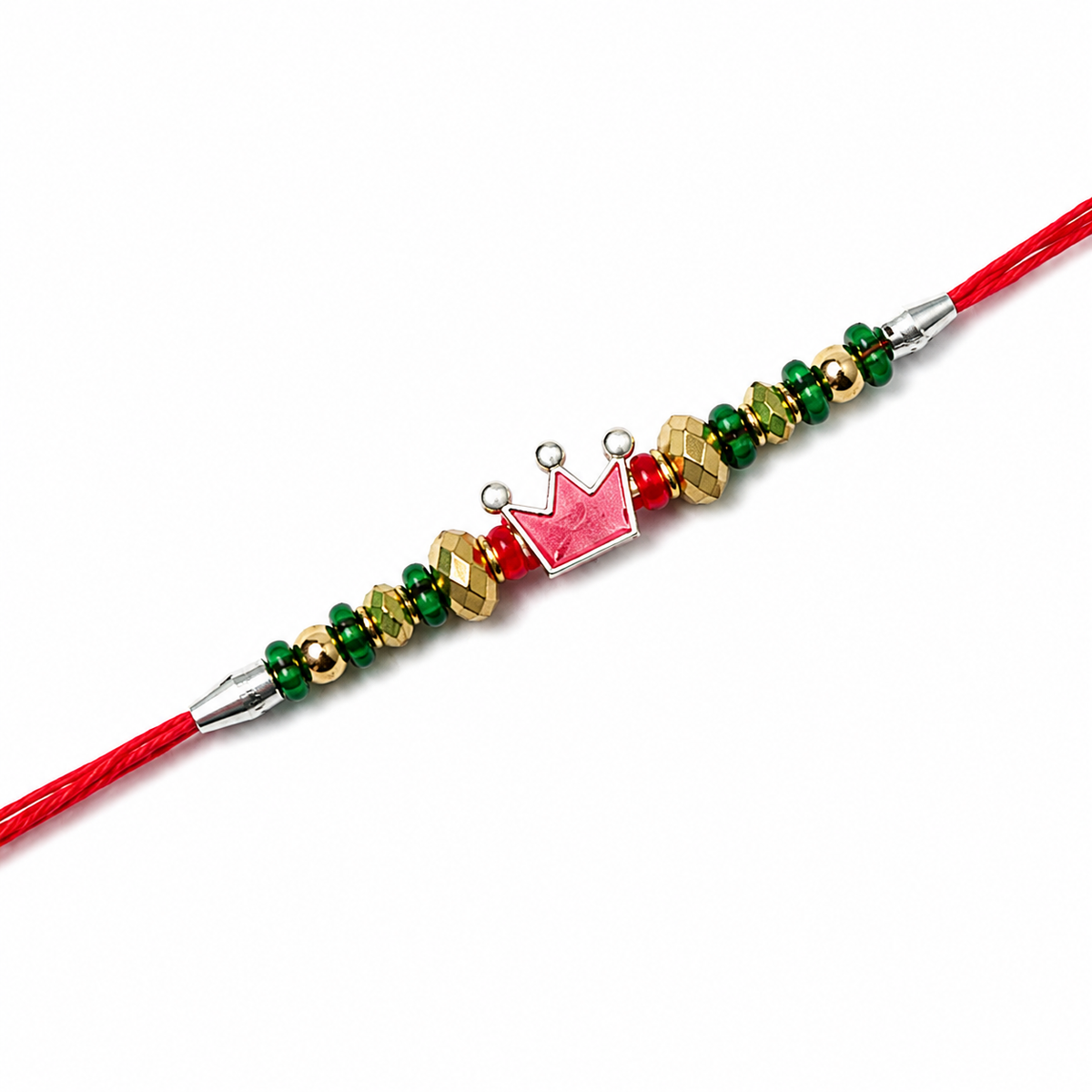 Pink Crown Kids 92.5 Silver Rakhi with Green & Gold Beads