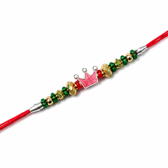 Pink Crown Kids 92.5 Silver Rakhi with Green & Gold Beads