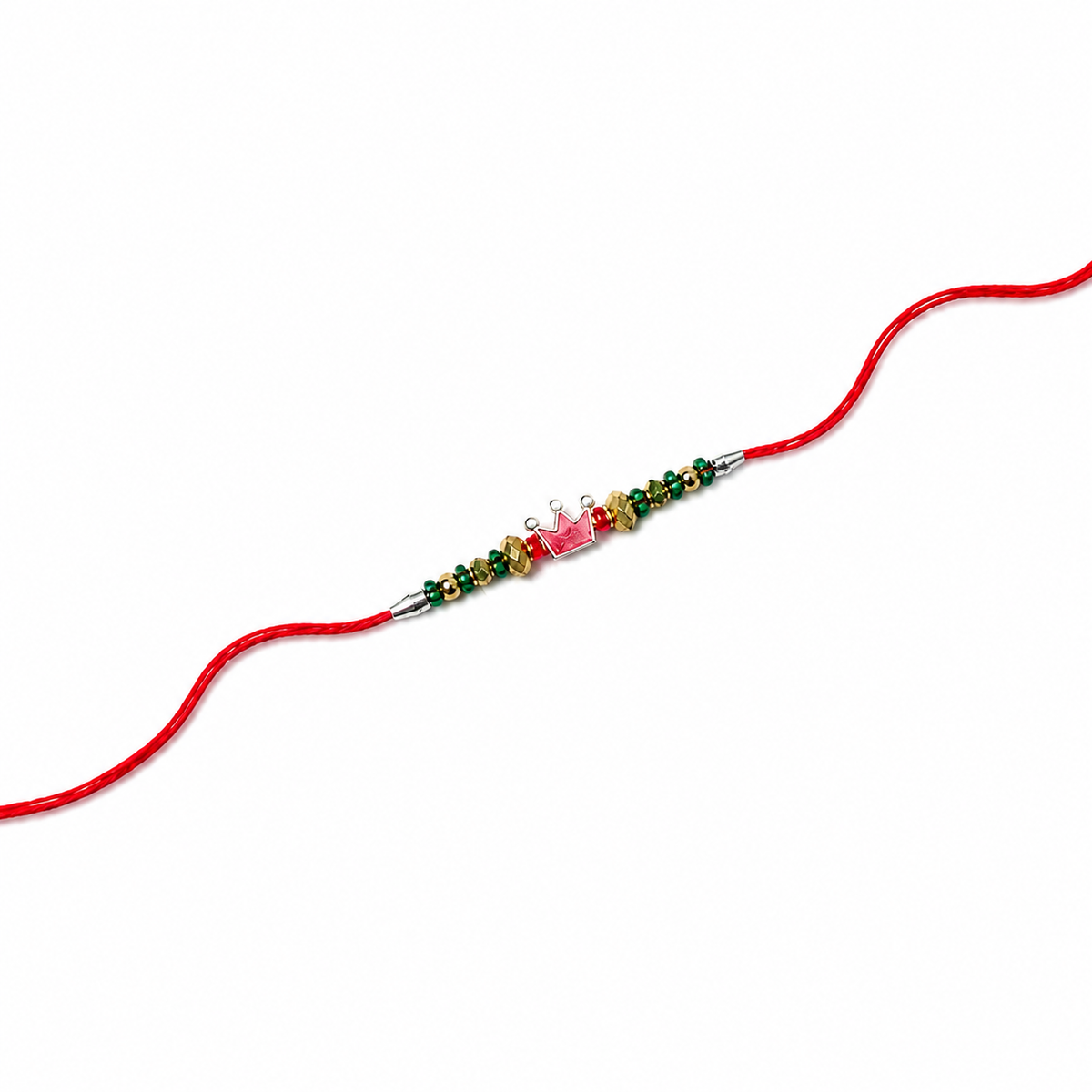 Pink Crown Kids 92.5 Silver Rakhi with Green & Gold Beads