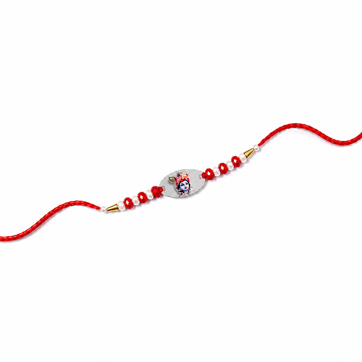 Printed Motif 92.5 Silver Oval Rakhi with Red Crystals