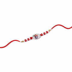 Printed Motif 92.5 Silver Oval Rakhi with Red Crystals