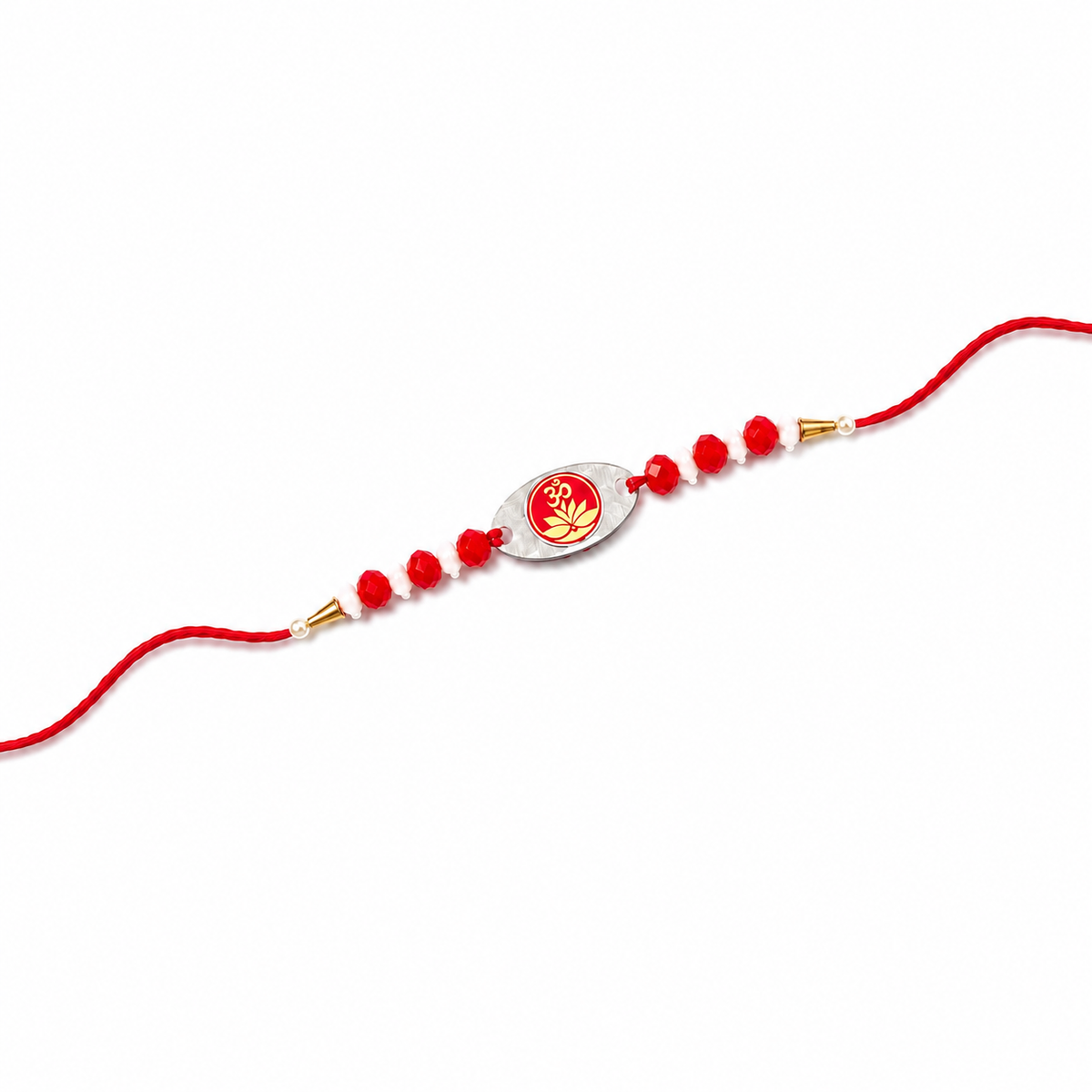 Floral Print Gold-Plated 92.5 Silver Rakhi with Red Crystals