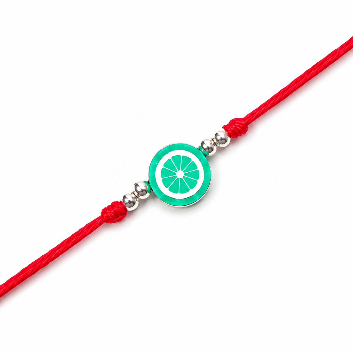 Lime Slice Charm Kids 92.5 Silver Rakhi on Red Cord