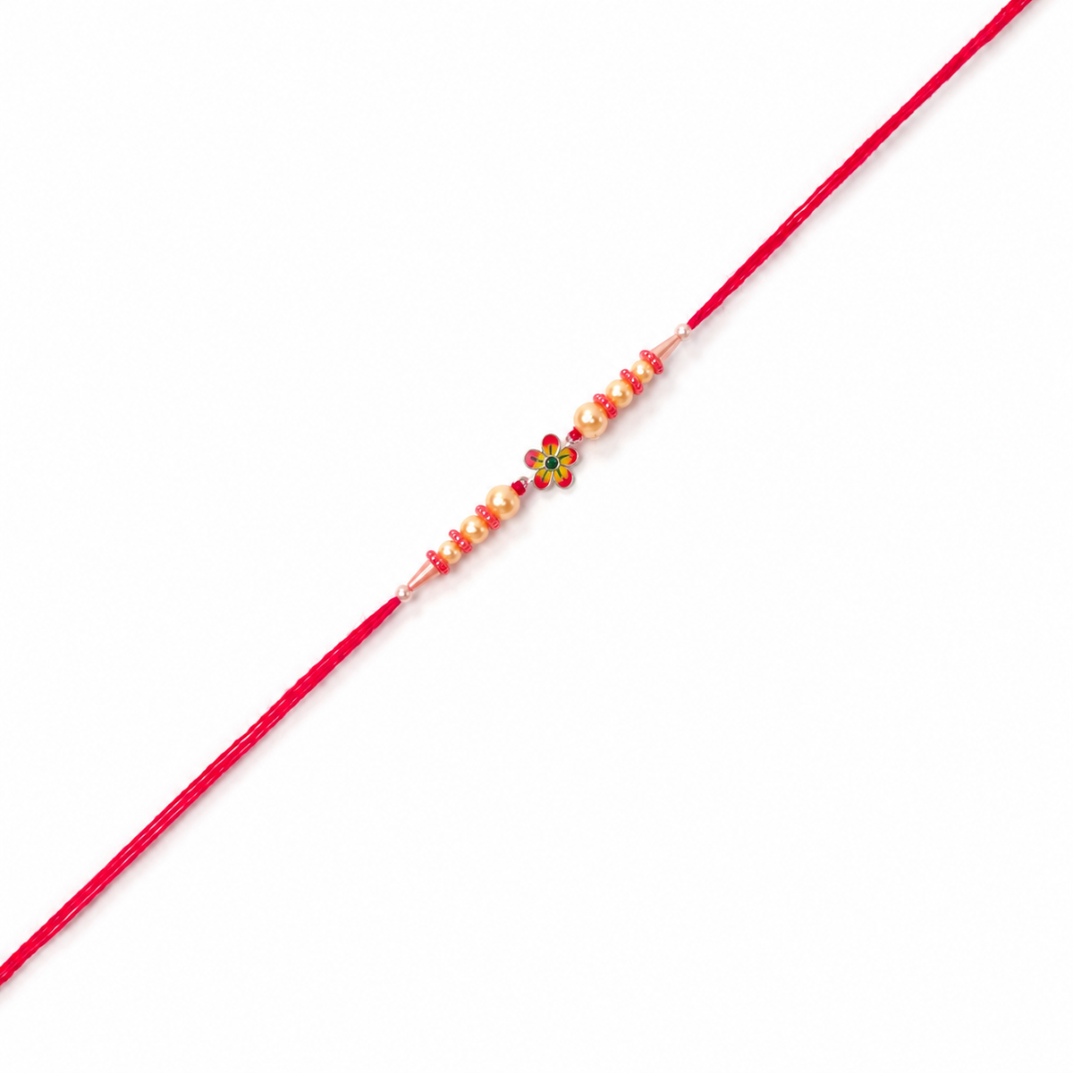 Red Blossom 92.5 Silver Rakhi with Golden Pearl Strand