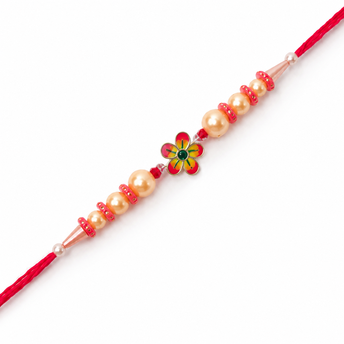 Red Blossom 92.5 Silver Rakhi with Golden Pearl Strand