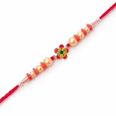 Red Blossom 92.5 Silver Rakhi with Golden Pearl Strand