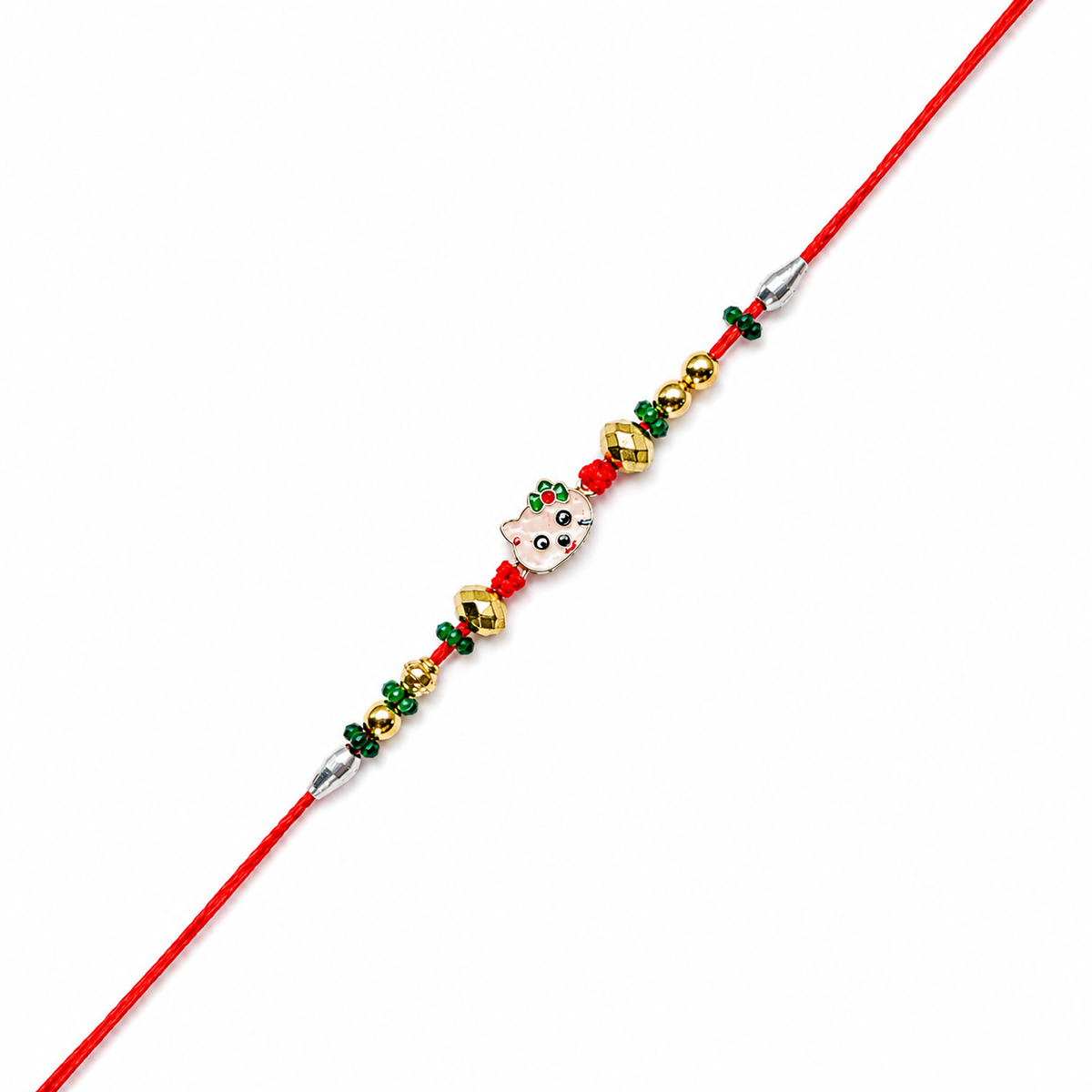 Cute Pink Charm Kids 92.5 Silver Rakhi with Green & Gold Beads