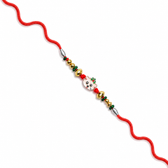 Cute Pink Charm Kids 92.5 Silver Rakhi with Green & Gold Beads