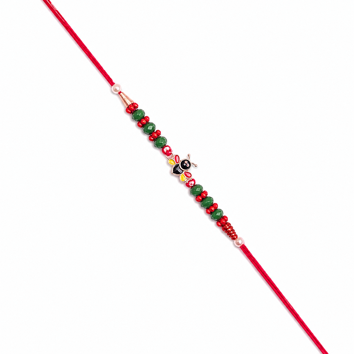 Ladybug Charm Kids 92.5 Silver Rakhi with Green Beads