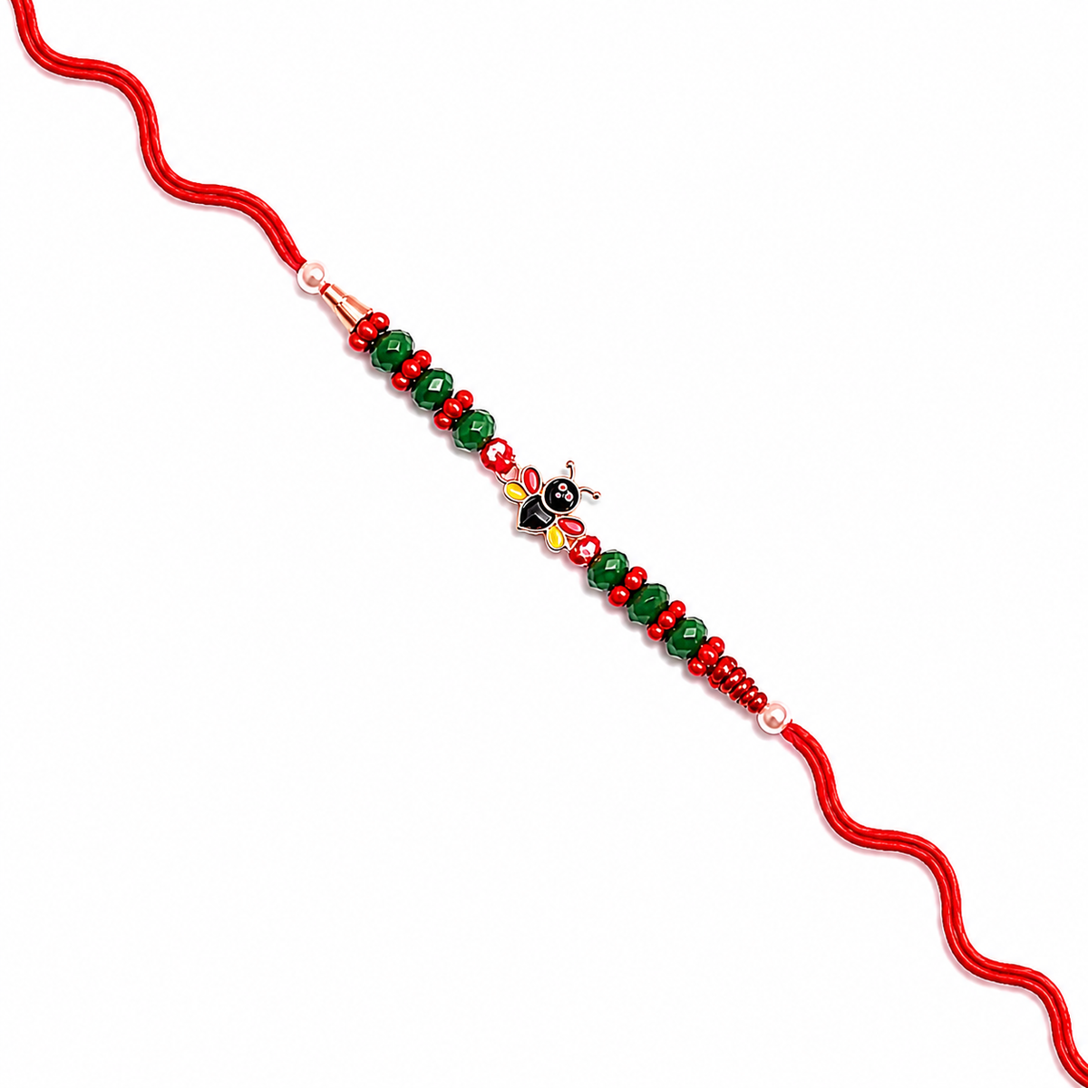 Ladybug Charm Kids 92.5 Silver Rakhi with Green Beads