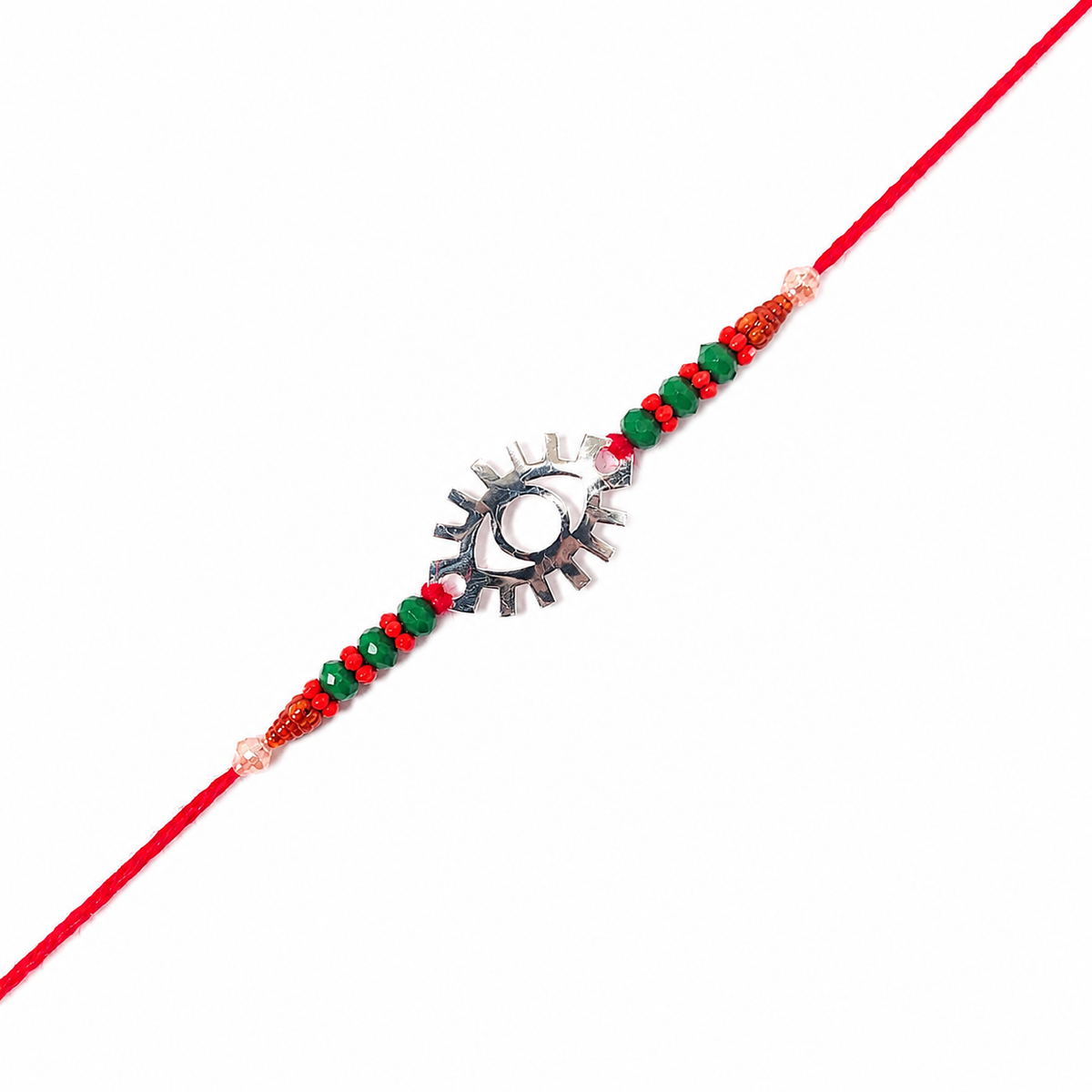Antique Sunburst 92.5 Silver Rakhi with Red & Green Beads