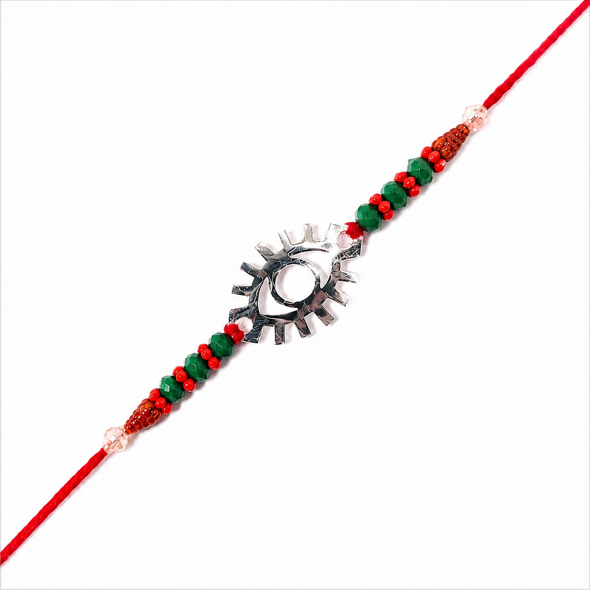 Antique Sunburst 92.5 Silver Rakhi with Red & Green Beads