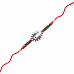 Antique Sunburst 92.5 Silver Rakhi with Red & Green Beads