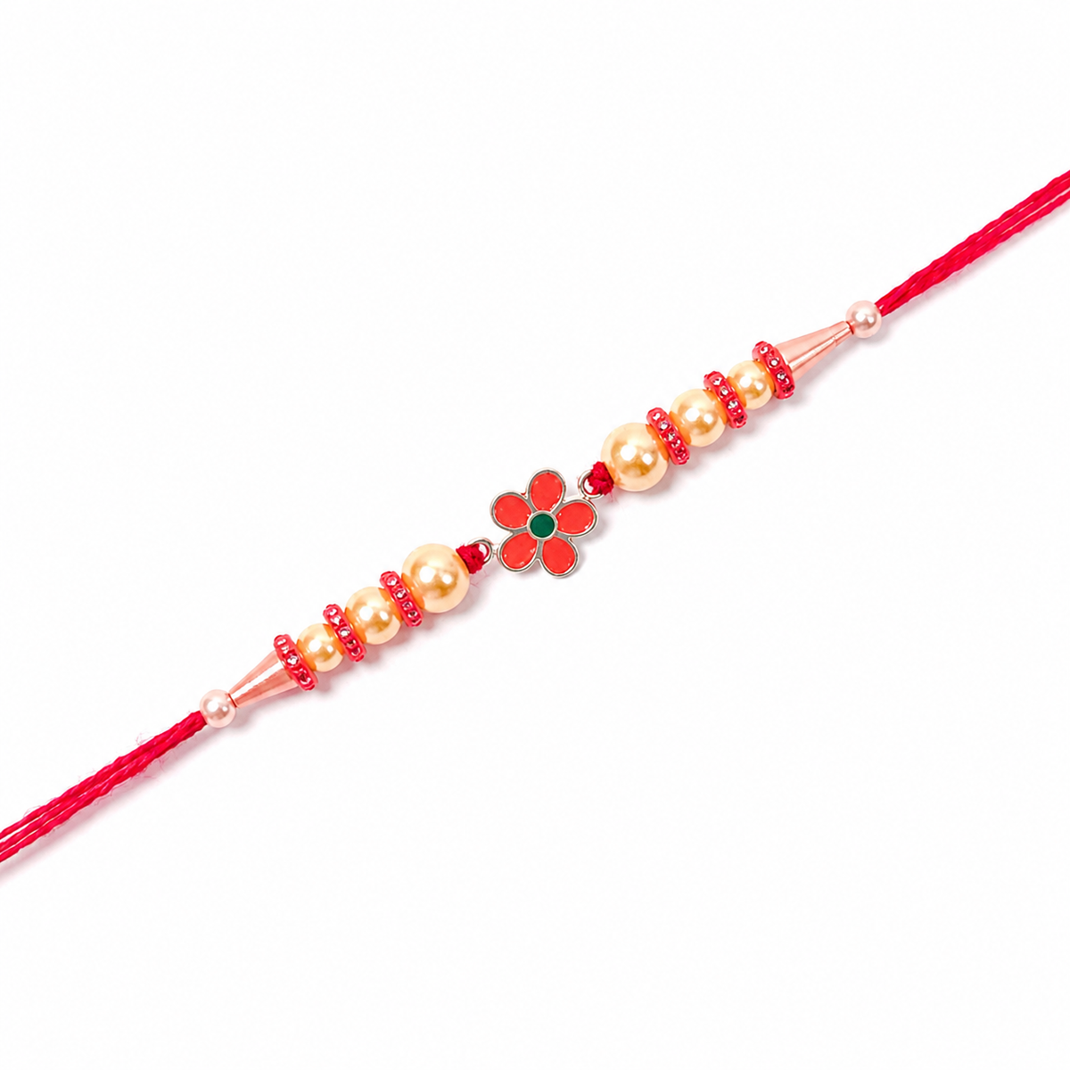 Red Daisy Charm 92.5 Silver Rakhi with Golden Pearls