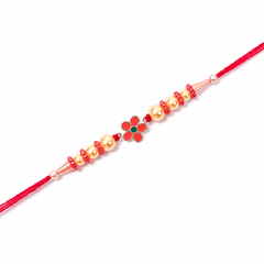 Red Daisy Charm 92.5 Silver Rakhi with Golden Pearls