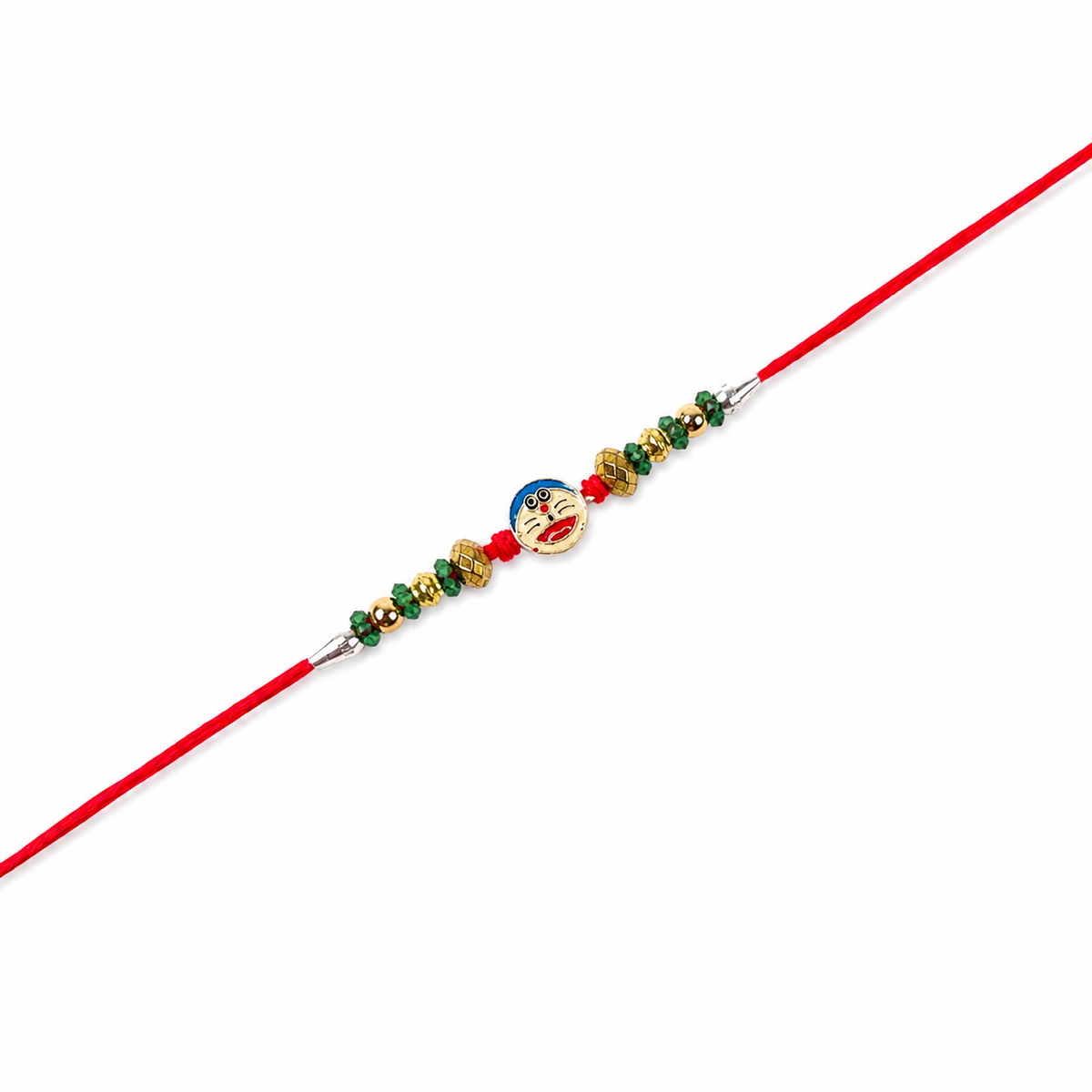 Cartoon Face Kids 92.5 Silver Rakhi with Green & Gold Beads