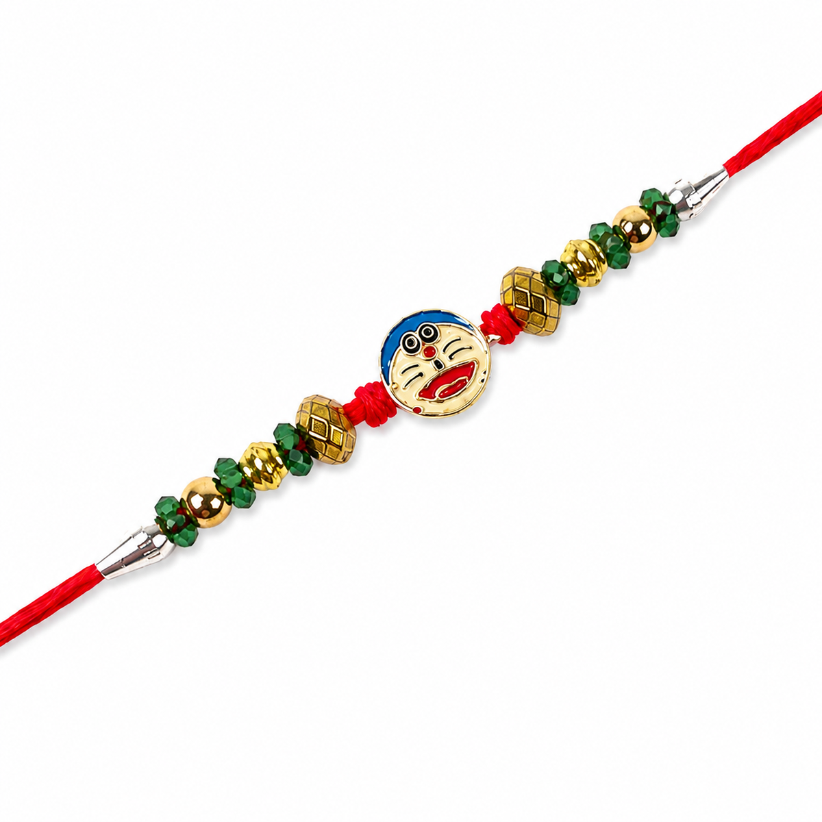 Cartoon Face Kids 92.5 Silver Rakhi with Green & Gold Beads