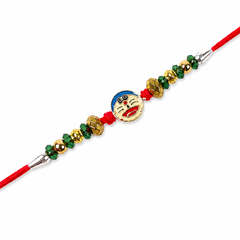 Cartoon Face Kids 92.5 Silver Rakhi with Green & Gold Beads