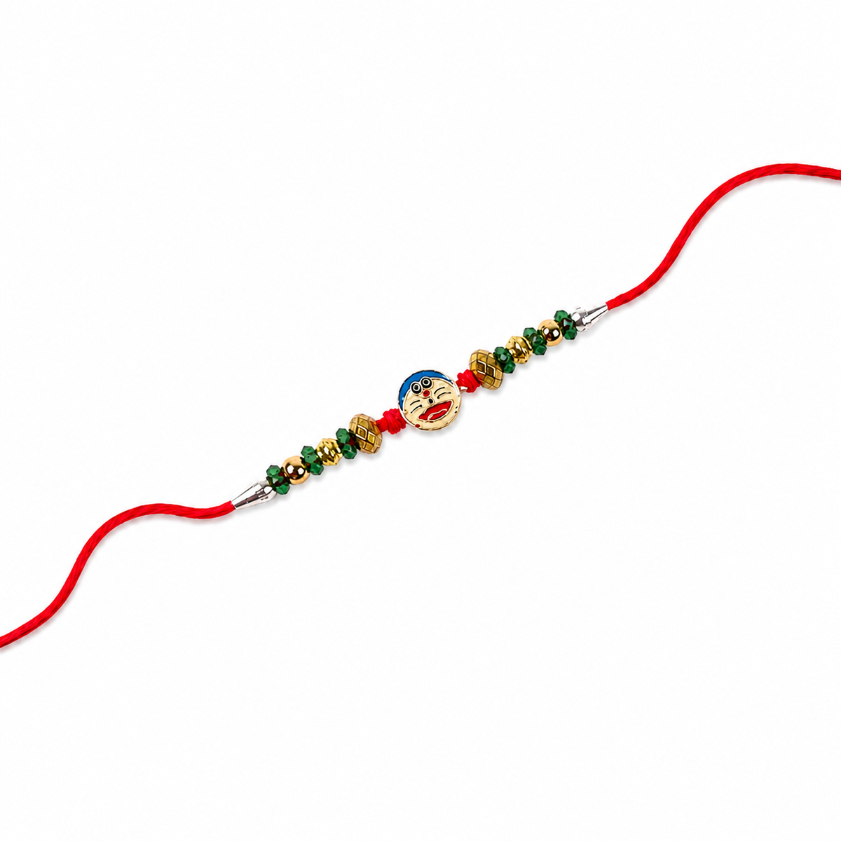 Cartoon Face Kids 92.5 Silver Rakhi with Green & Gold Beads