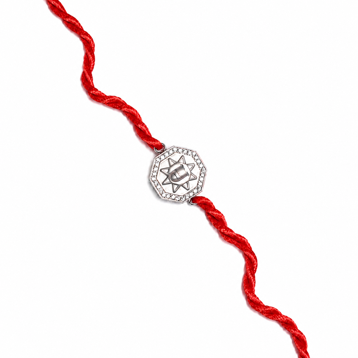 Trishul Stone-Studded Octagon 92.5 Silver Rakhi on Red Cord