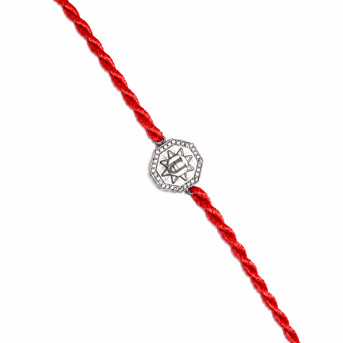 Trishul Stone-Studded Octagon 92.5 Silver Rakhi on Red Cord