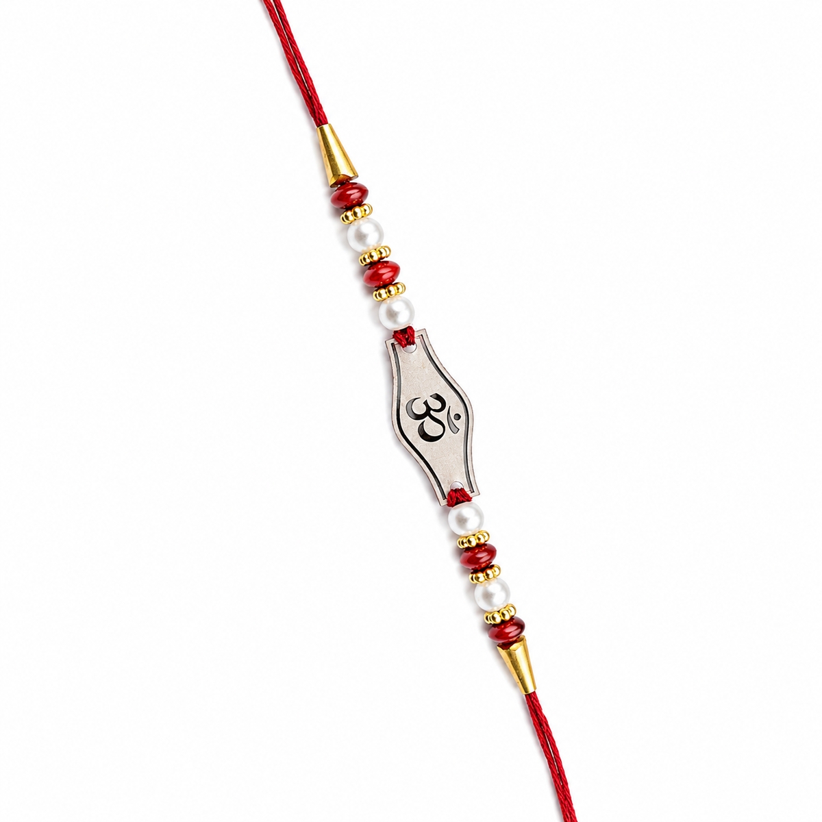 Om Plate 92.5 Silver Rakhi with Pearls on Red Thread