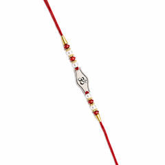 Om Plate 92.5 Silver Rakhi with Pearls on Red Thread