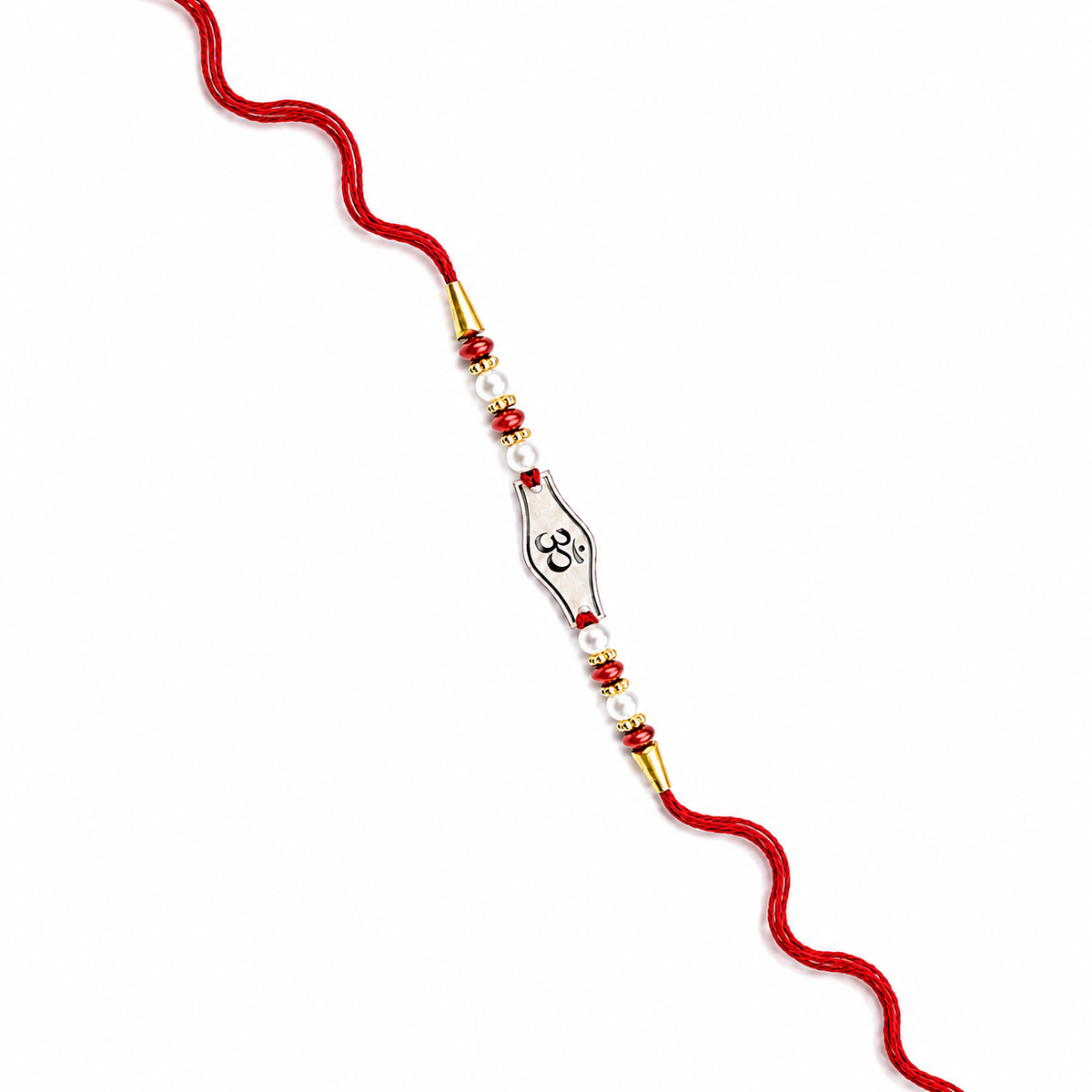 Om Plate 92.5 Silver Rakhi with Pearls on Red Thread