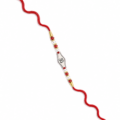 Om Plate 92.5 Silver Rakhi with Pearls on Red Thread