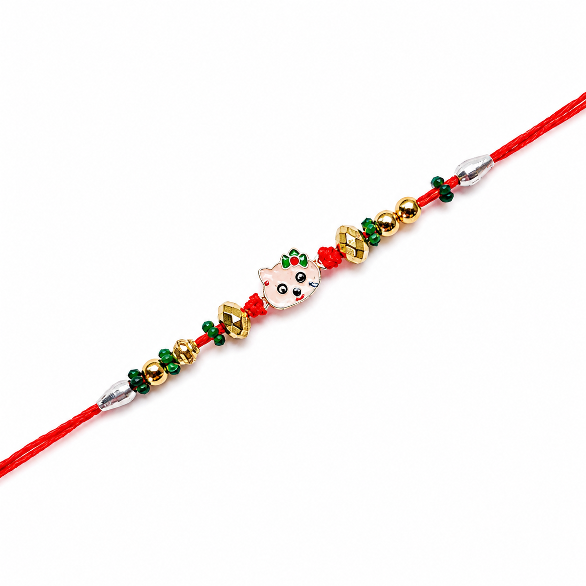 Cute Pink Charm Kids 92.5 Silver Rakhi with Green & Gold Beads