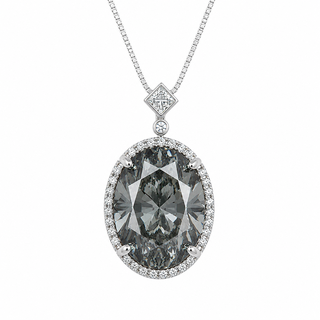 Diana Grey Crystal Oval Halo Pendant Necklace, Rhodium finish