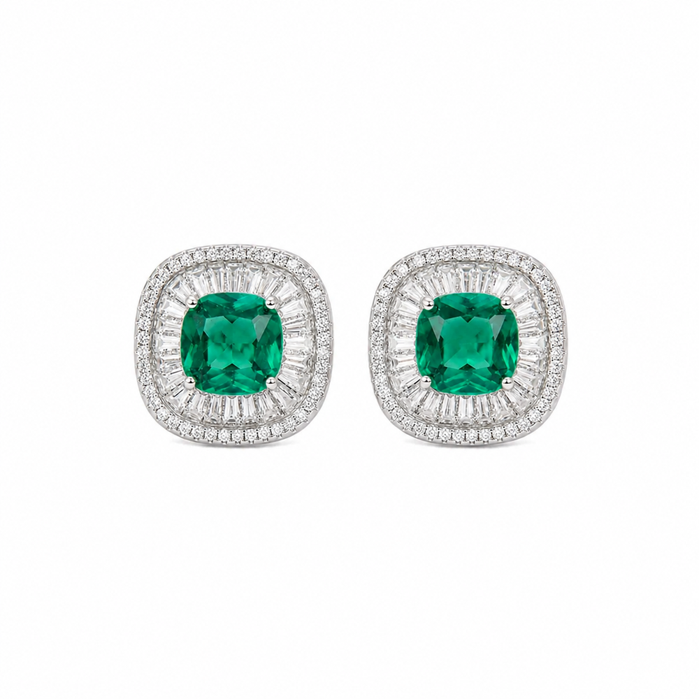 Green crystal cushion halo stud earrings for women, rhodium - RANGREZ (image 1)