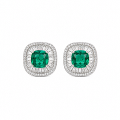 Green Crystal Cushion Baguette Halo Stud Earrings, Rhodium finish