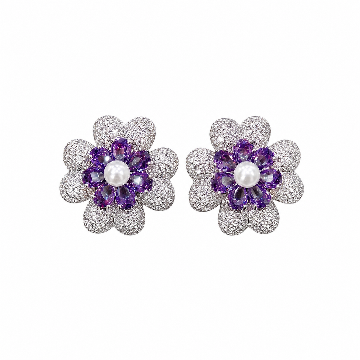 White & Purple Crystal Pearl Flower Stud Earrings, Rhodium finish