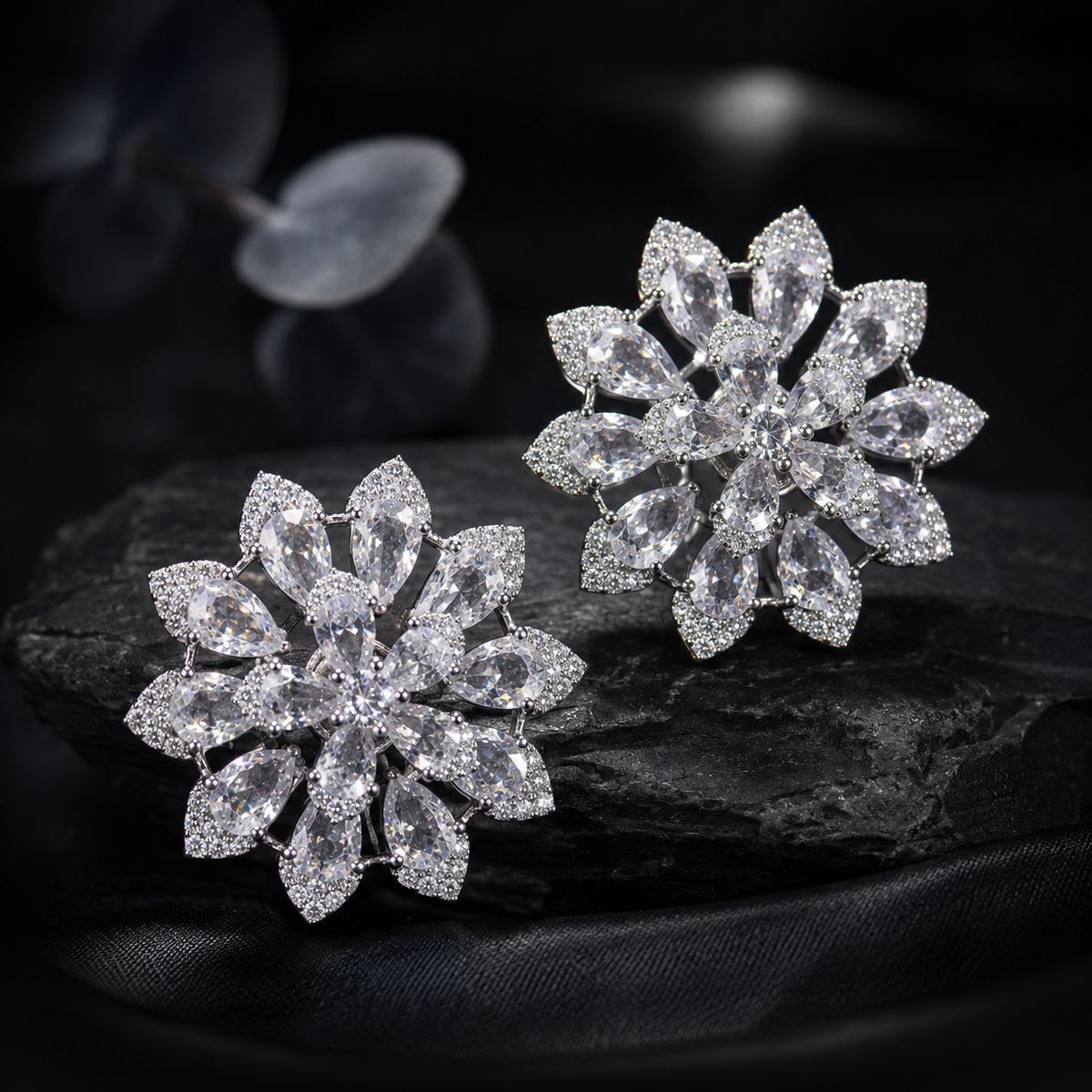 White Crystal Pear Cluster Flower Stud Earrings, Rhodium finish