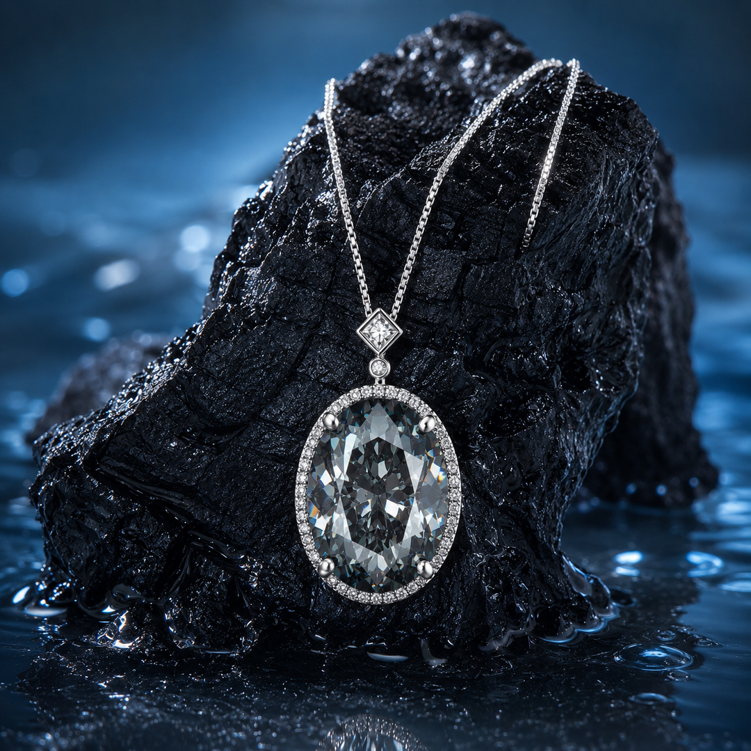 Diana Grey Crystal Oval Halo Pendant Necklace, Rhodium finish