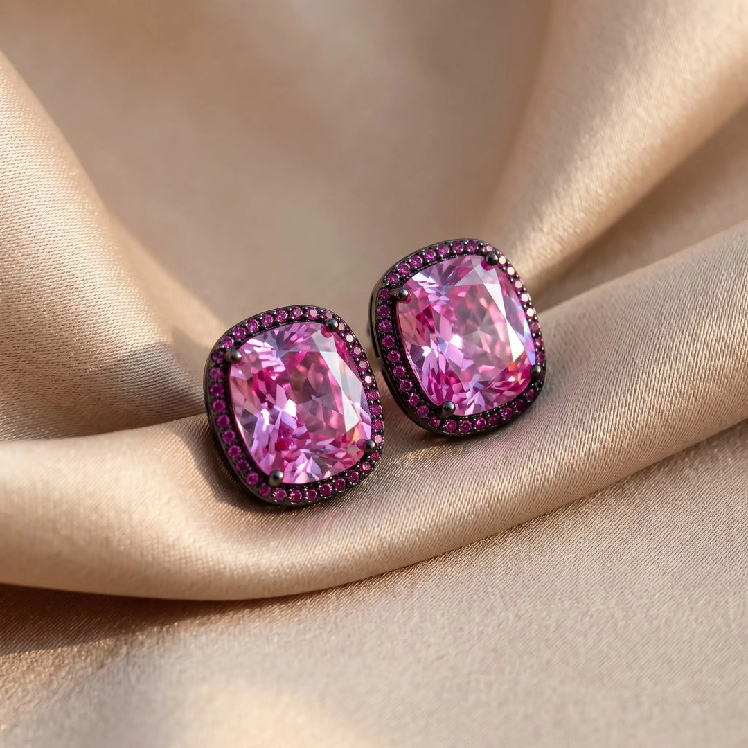 Rebecca pink cushion halo crystal stud earrings for women, black rhodium - RANGREZ (image 1)