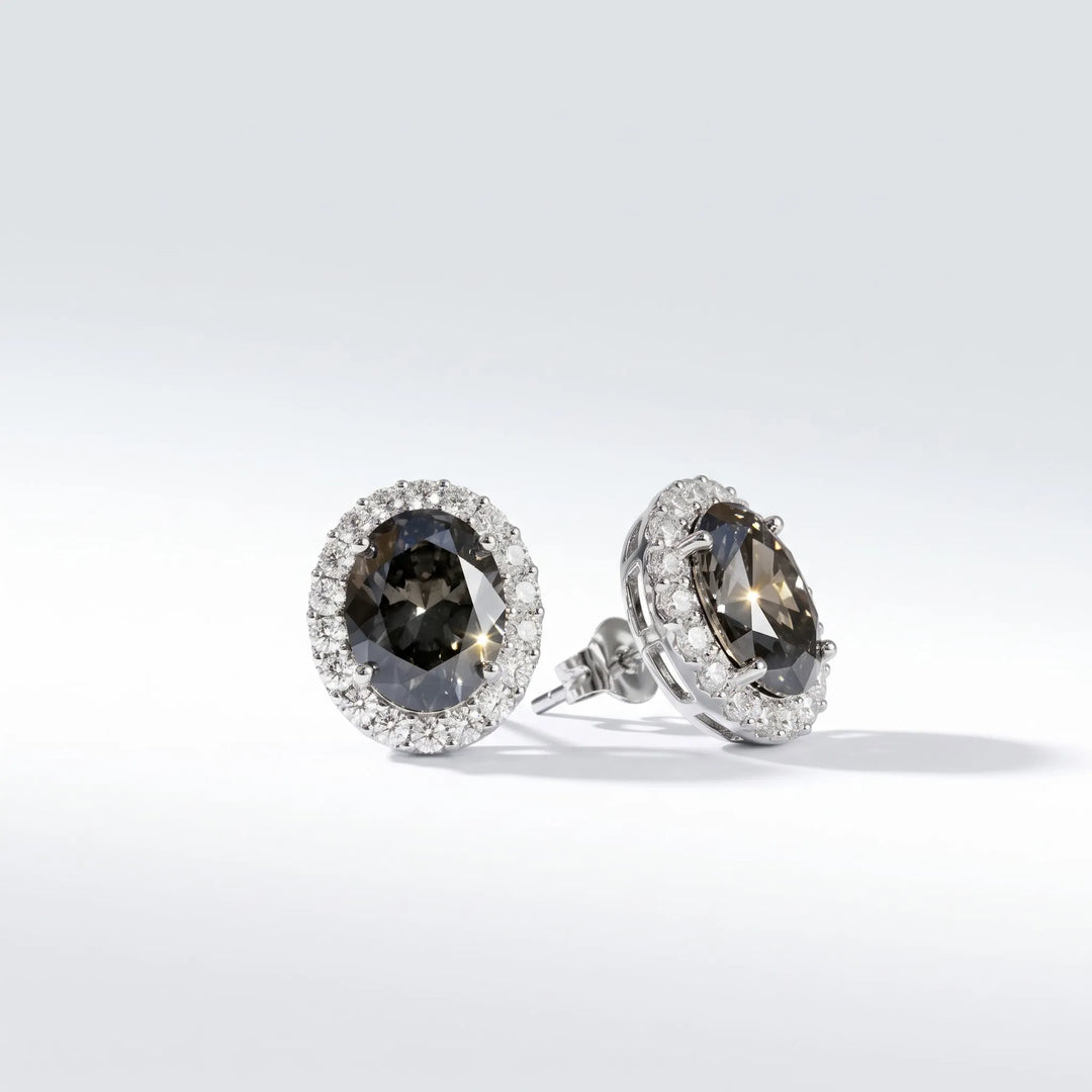 Diana grey crystal oval halo stud earrings for women, rhodium - RANGREZ (image 1)