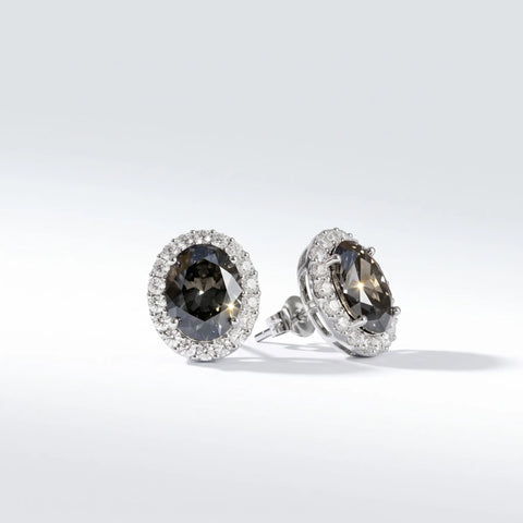 Diana Grey Crystal Oval Halo Stud Earrings, Rhodium finish