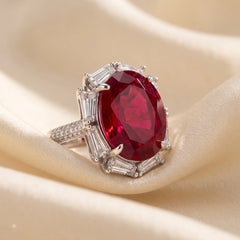 Noctis ruby red oval cocktail ring for women, rhodium finish - RANGREZ (image 2)