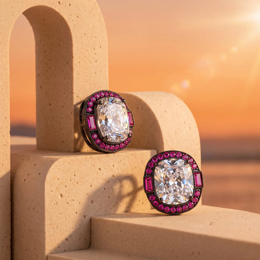 Cadence ruby halo oval crystal stud earrings for women - RANGREZ (image 1)