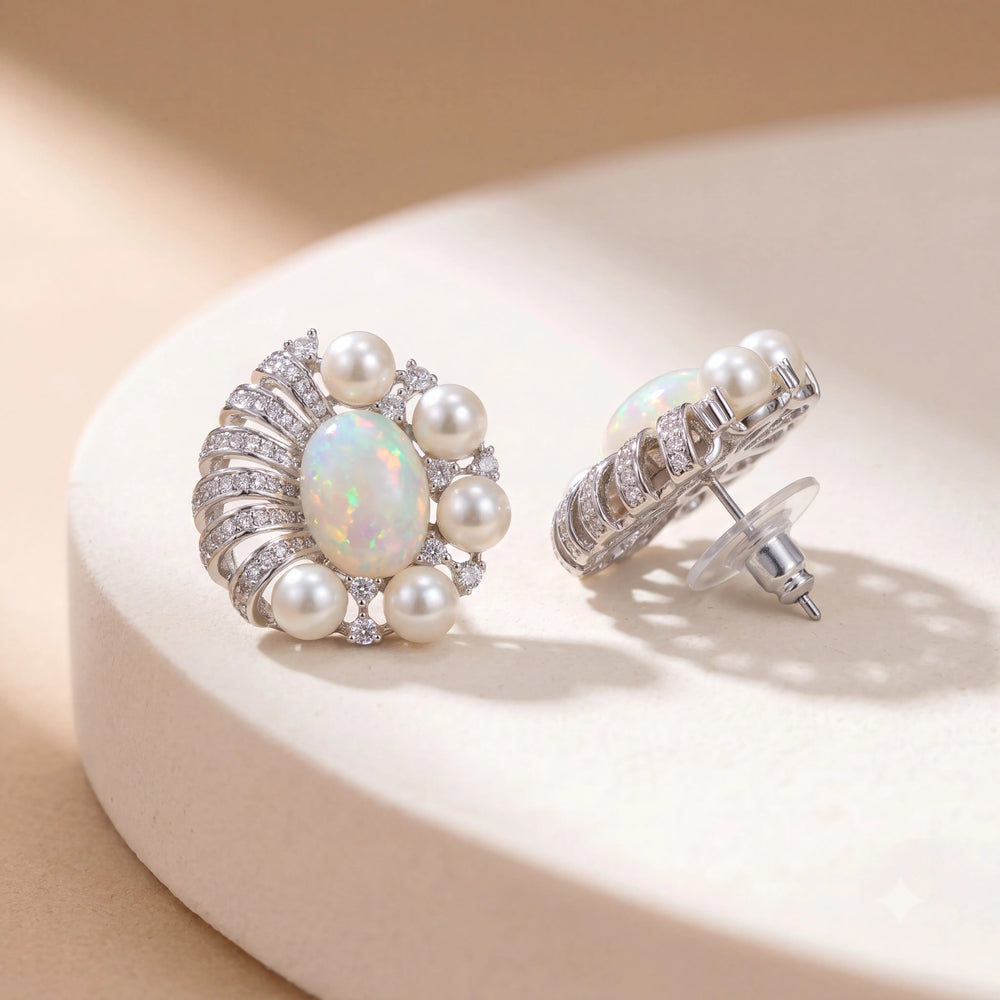 Opal and pearl cluster stud earrings for women - RANGREZ (image 2)